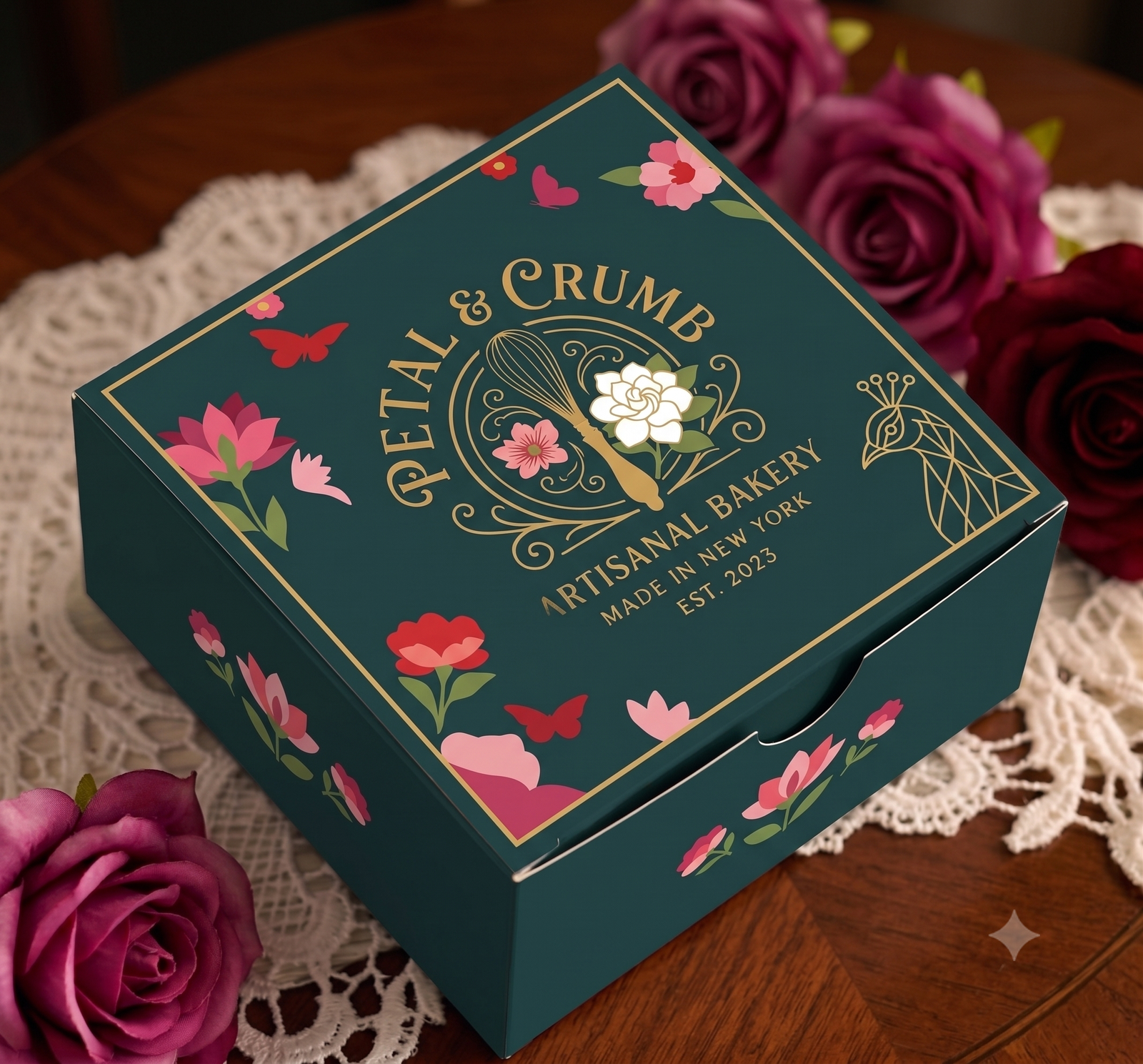 Petal & Crumb custom-printed floral bakery cake box
