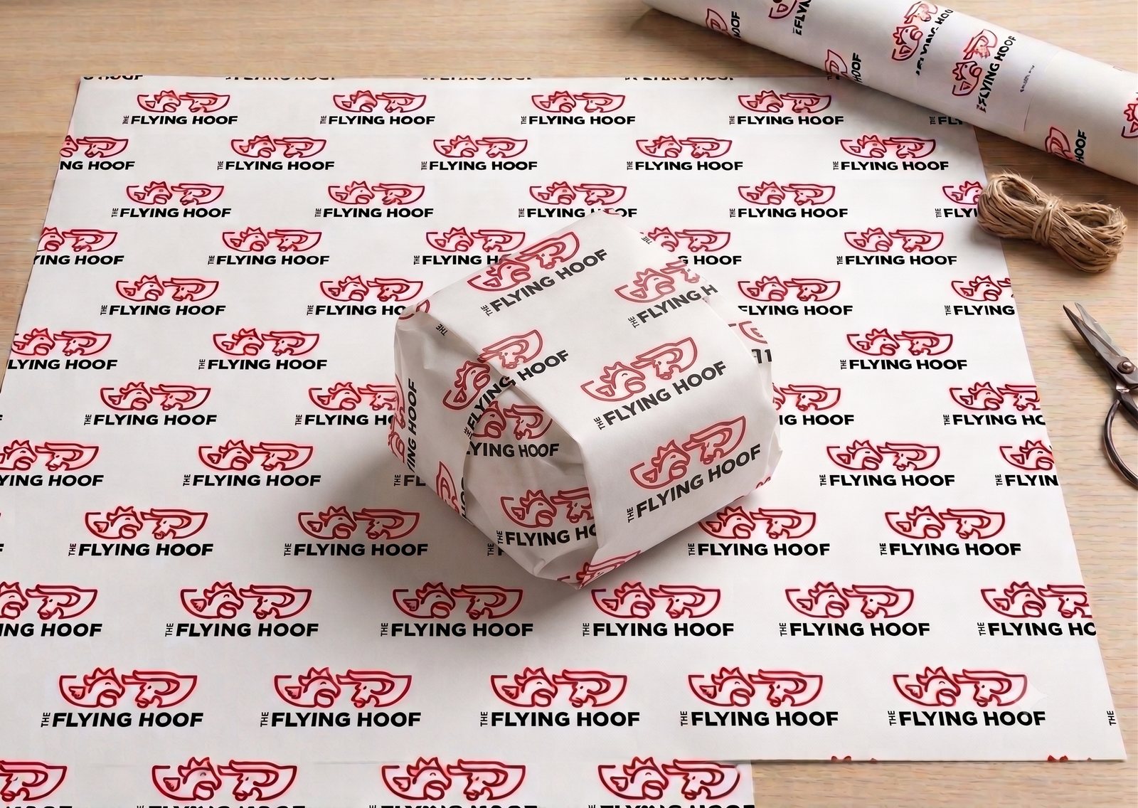 The Flying Hoof custom-printed greaseproof wrap sheets