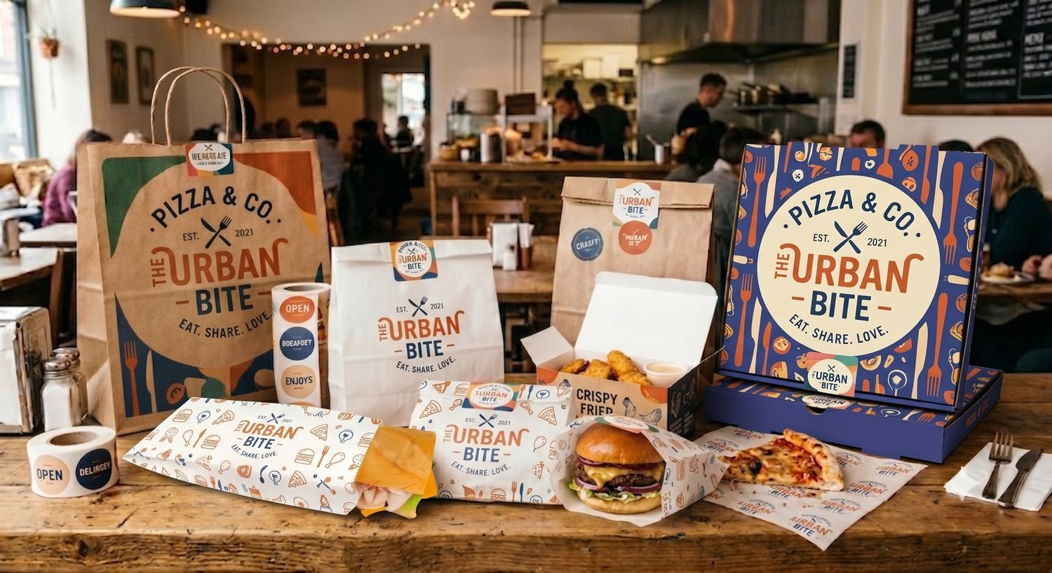 A spread of custom-printed branded packaging — bags, boxes, wraps and stickers — on a restaurant table