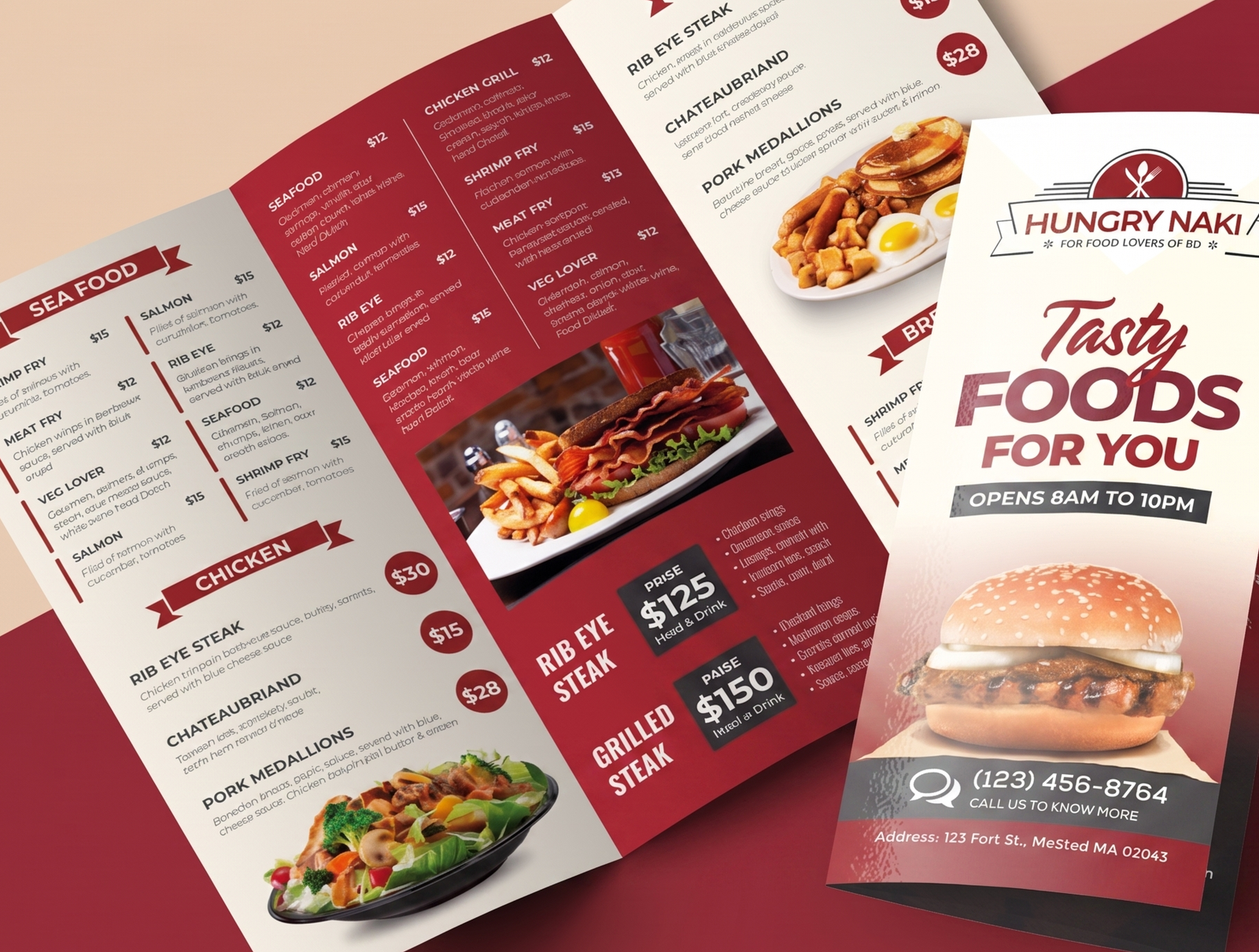 Hungry Naki custom-printed tri-fold restaurant menu