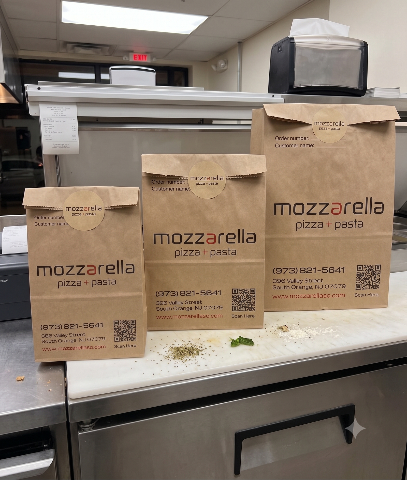 Mozzarella Pizza + Pasta custom-printed flat-bottom SOS bags in three sizes