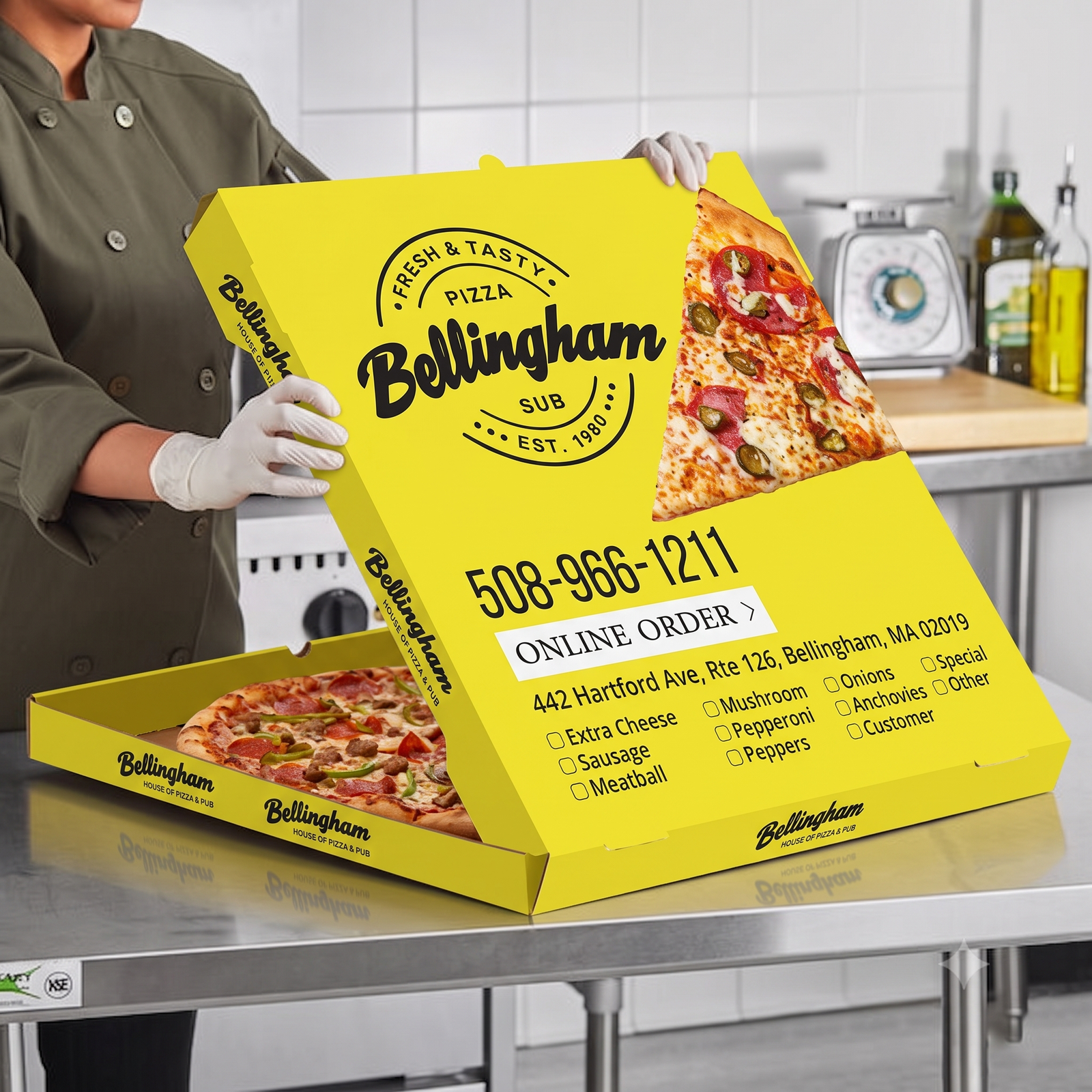 Custom-printed Bellingham pizza box with full-colour branding