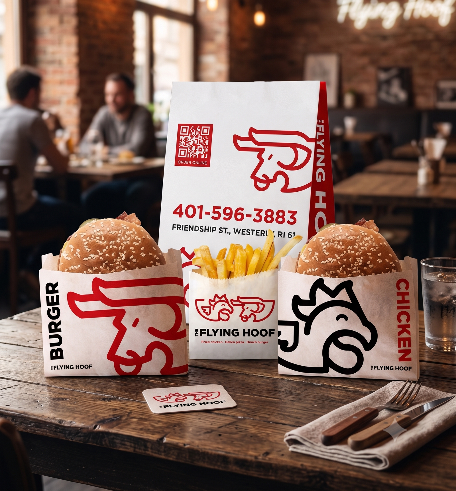 The Flying Hoof custom-printed burger, chicken and fries bags