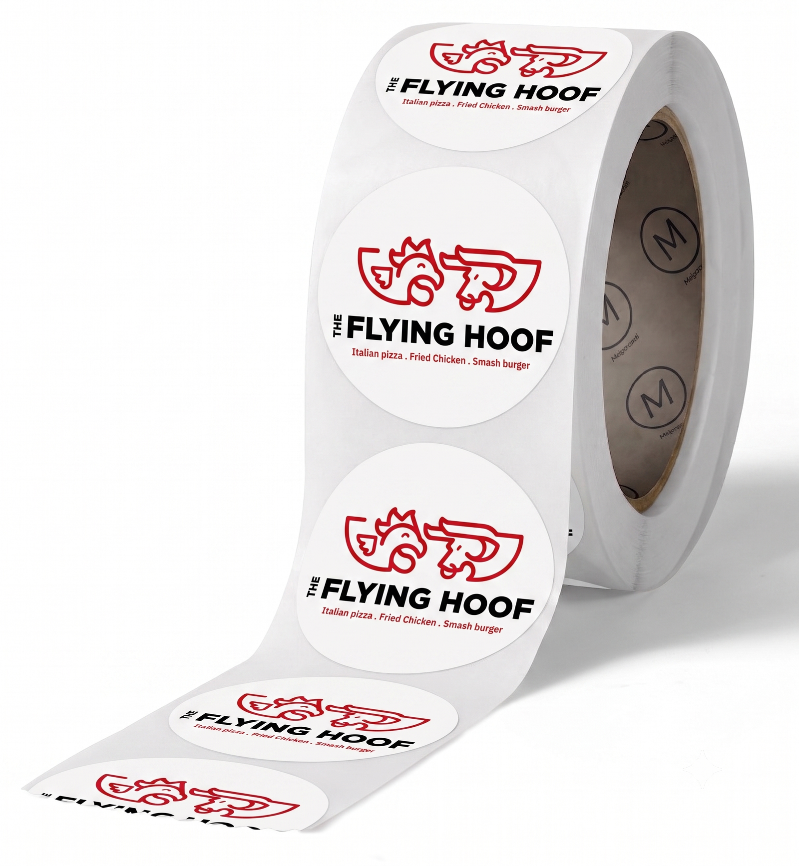 The Flying Hoof custom-printed round sticker roll